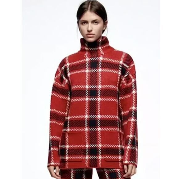 ZARA Women's Large Oversized Wool Blend Mock Neck Sweater Red Black Pockets - Picture 1 of 13
